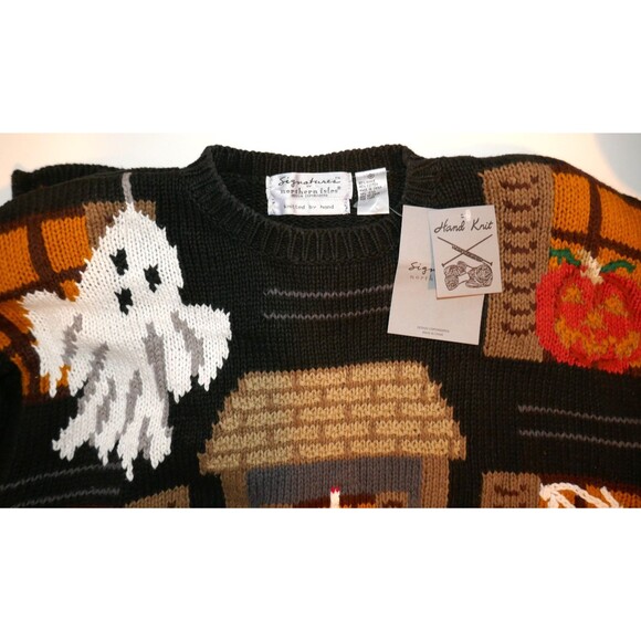 Northern Isles Vintage 90s Halloween Haunted House Ghost Hand Knit Sweater M - Picture 9 of 11